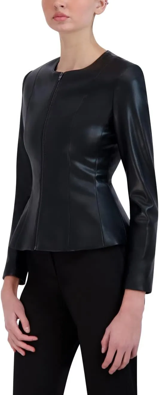 BCBGMAXAZRIA Women's Faux Leather Peplum Jacket Long Sleeve Crew Neck Front Zip Coat