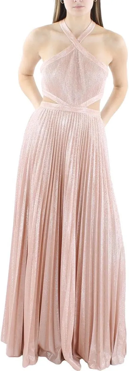 BCBGMAXAZRIA Women's Fit and Flare Sleeveless Floor Length Evening Dress Halter Neck Cut Outs