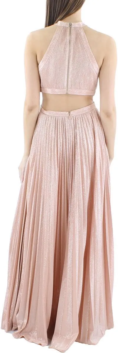 BCBGMAXAZRIA Women's Fit and Flare Sleeveless Floor Length Evening Dress Halter Neck Cut Outs