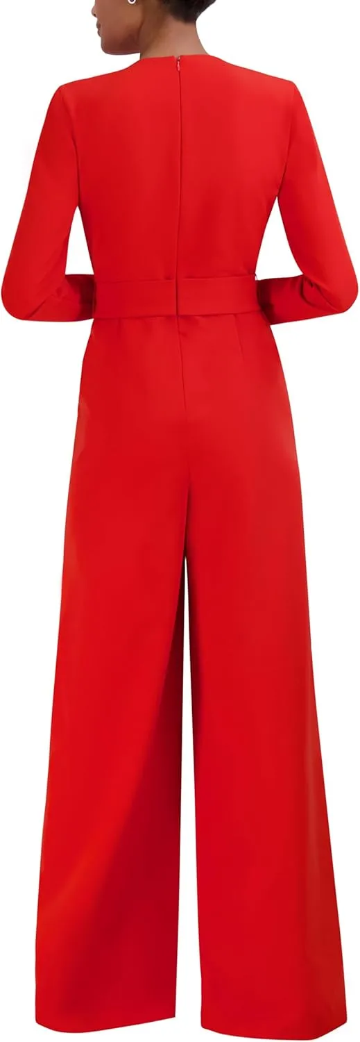 BCBGMAXAZRIA Women's Long Sleeve V Neck Wide Leg Jumpsuit