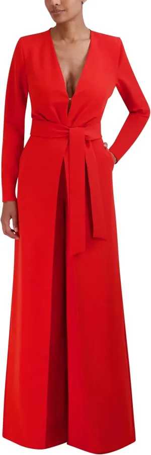 BCBGMAXAZRIA Women's Long Sleeve V Neck Wide Leg Jumpsuit