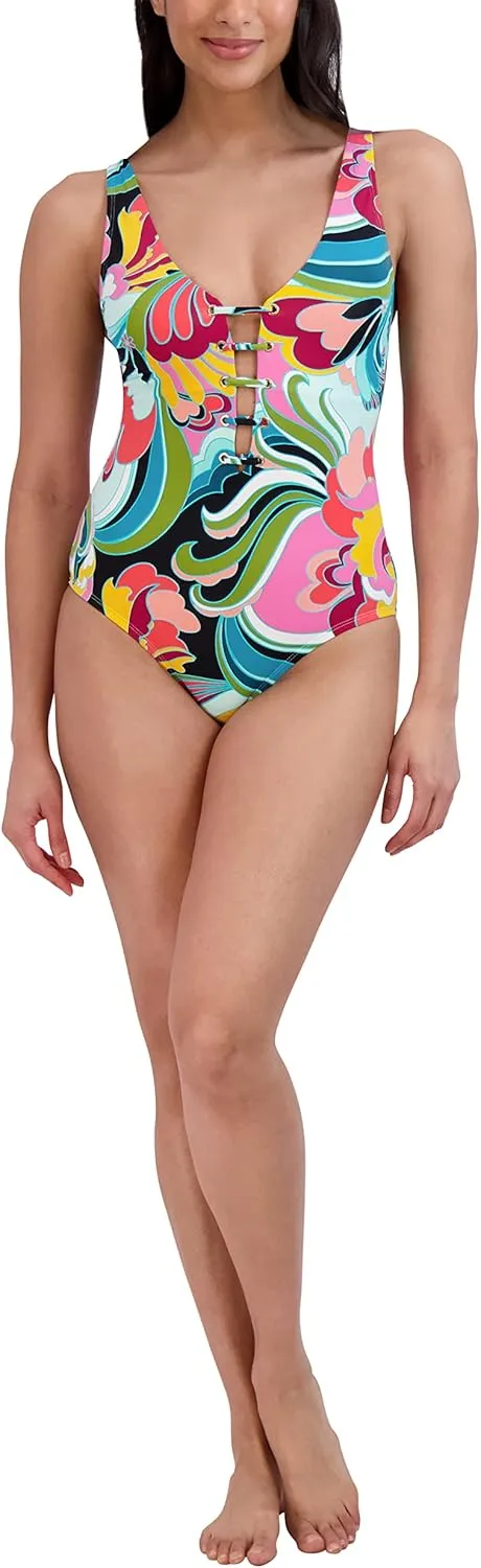 BCBGMAXAZRIA Women's Standard One Piece Swimsuit Lace Up Grommet Tummy Control Quick Dry Bathing Suit