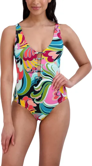 BCBGMAXAZRIA Women's Standard One Piece Swimsuit Lace Up Grommet Tummy Control Quick Dry Bathing Suit