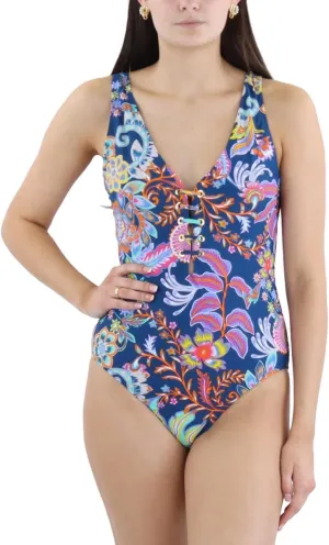 BCBGMAXAZRIA Women's Standard One Piece Swimsuit Lace Up Grommet Tummy Control Quick Dry Bathing Suit