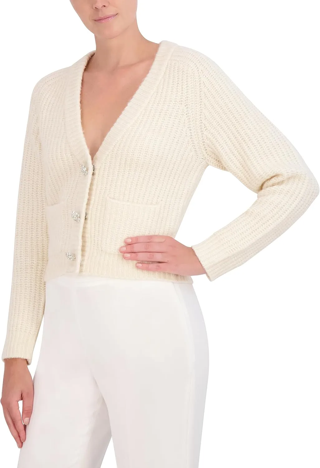 BCBGMAXAZRIA Women's V Neck Long Sleeve Raglan Cardigan with Front Snap Button Closure