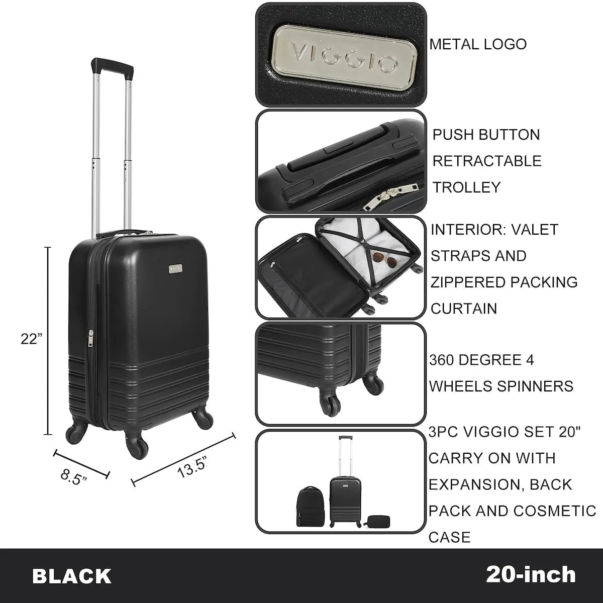 Bioworld Viggio 3-Piece Black Luggage Set