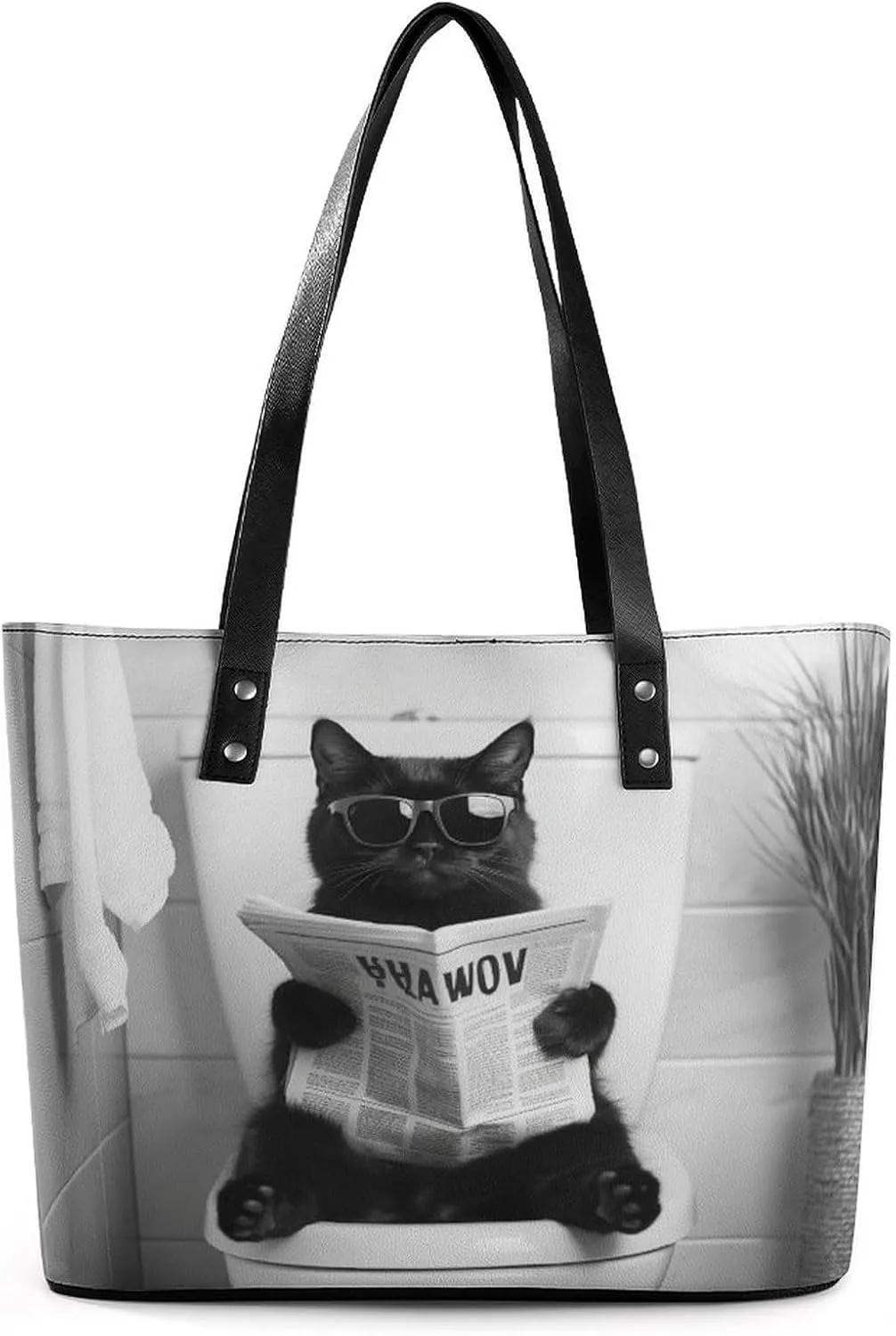 Black Cat Reading Newspaper on Toilet Seat Women Soft Leather Handbags Tote Purses Shoulder Bucket Bags