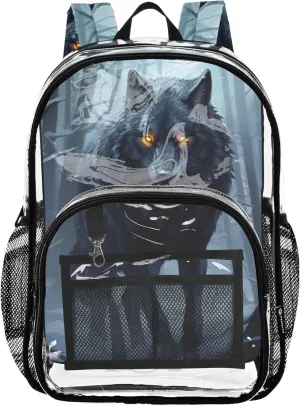 Black Wolf Print Clear Bag for Women Travel Kids Girls Backpack Boys Clear School Shoulder Bag