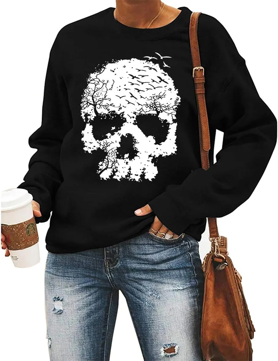 Bloom Skull Sweatshirt for Women Boho Floral Skull Graphic Tshirt Fall Long Sleeve Crewneck Pullover Tops