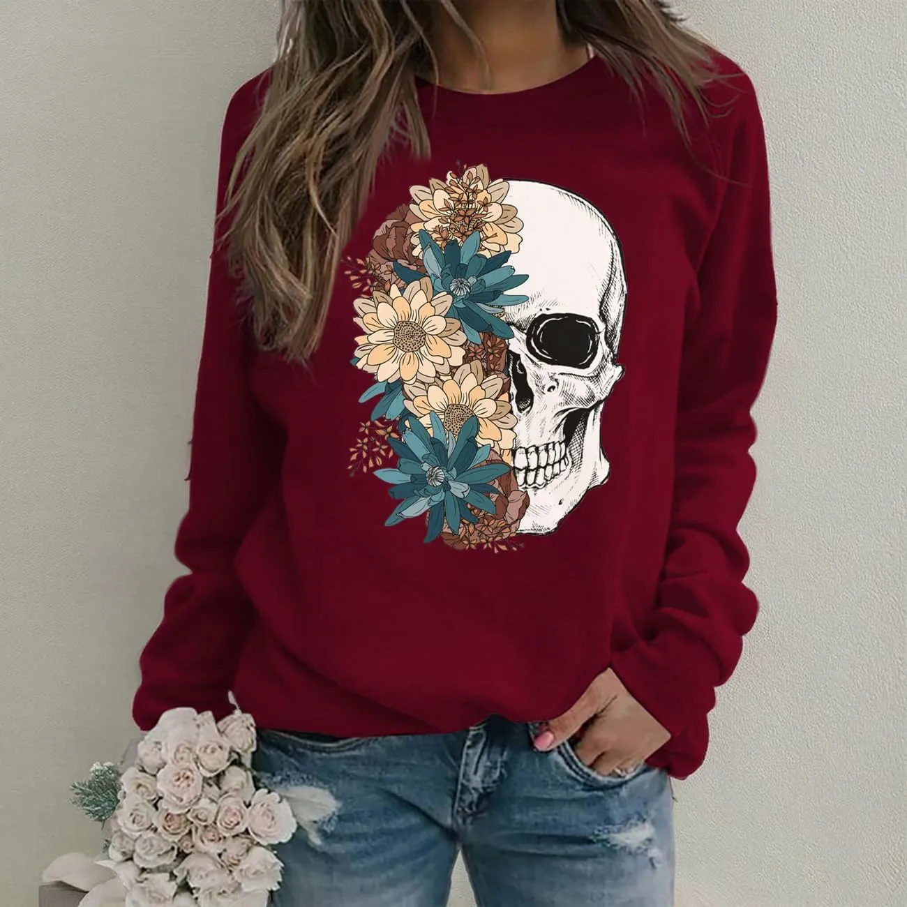 Bloom Skull Sweatshirt for Women Boho Floral Skull Graphic Tshirt Fall Long Sleeve Crewneck Pullover Tops