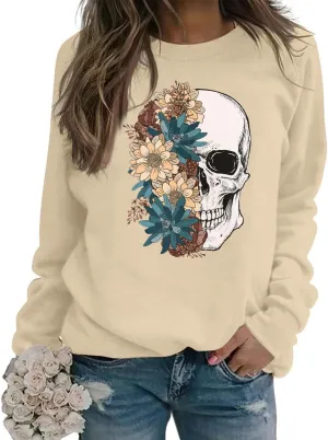Bloom Skull Sweatshirt for Women Boho Floral Skull Graphic Tshirt Fall Long Sleeve Crewneck Pullover Tops