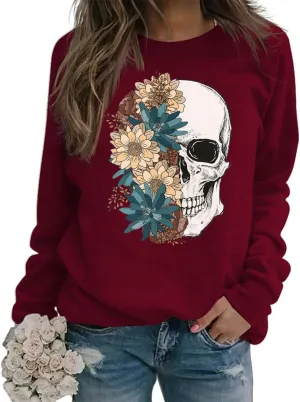 Bloom Skull Sweatshirt for Women Boho Floral Skull Graphic Tshirt Fall Long Sleeve Crewneck Pullover Tops