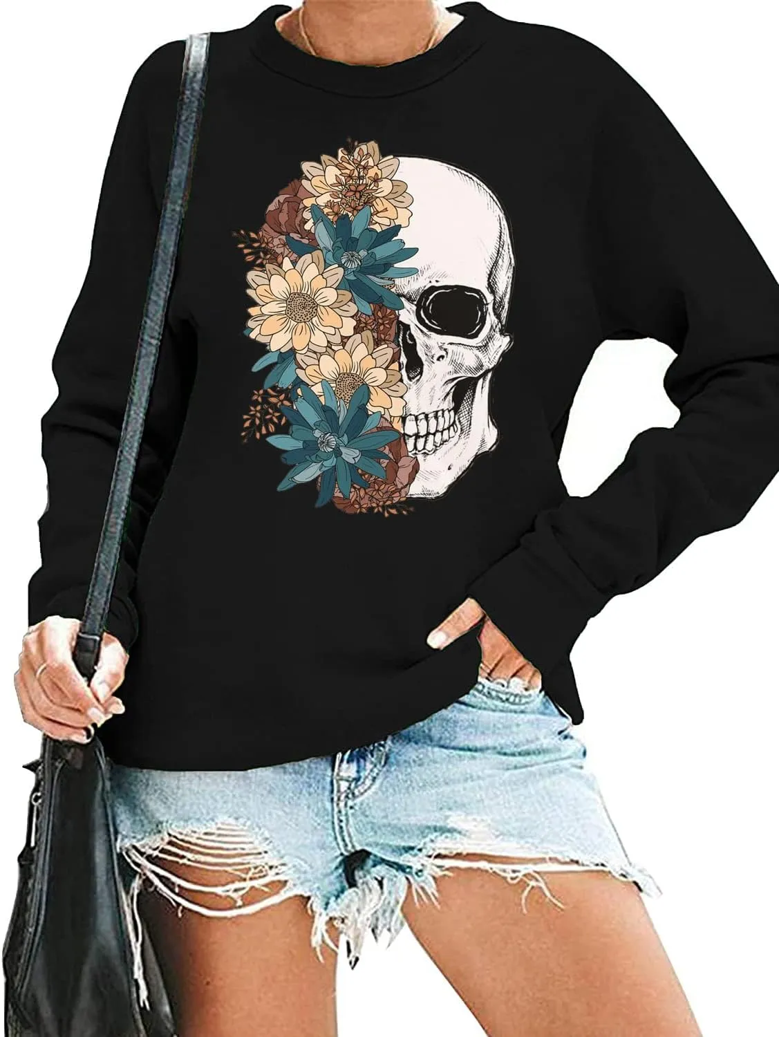 Bloom Skull Sweatshirt for Women Boho Floral Skull Graphic Tshirt Fall Long Sleeve Crewneck Pullover Tops