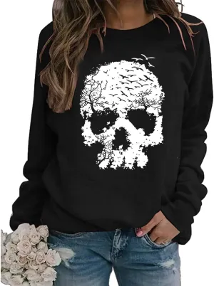 Bloom Skull Sweatshirt for Women Boho Floral Skull Graphic Tshirt Fall Long Sleeve Crewneck Pullover Tops