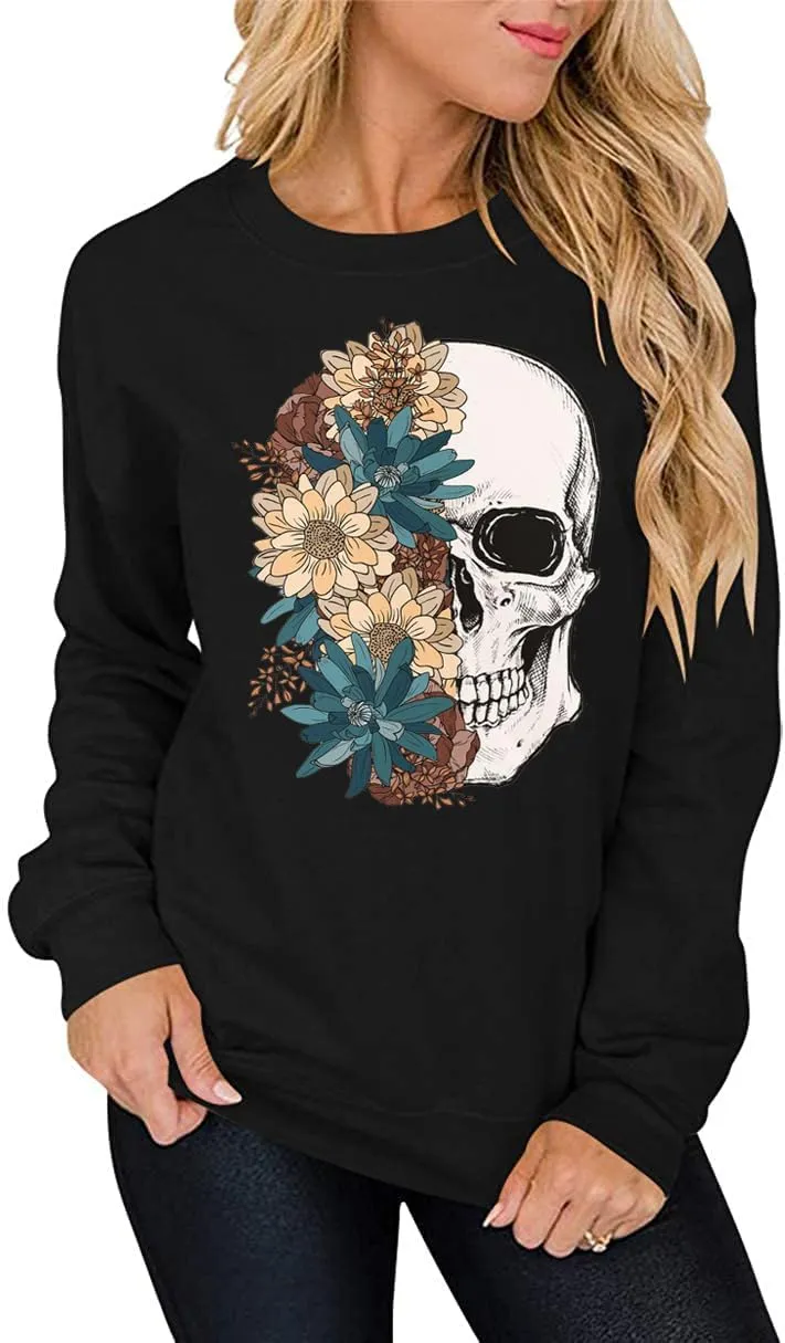 Bloom Skull Sweatshirt for Women Boho Floral Skull Graphic Tshirt Fall Long Sleeve Crewneck Pullover Tops