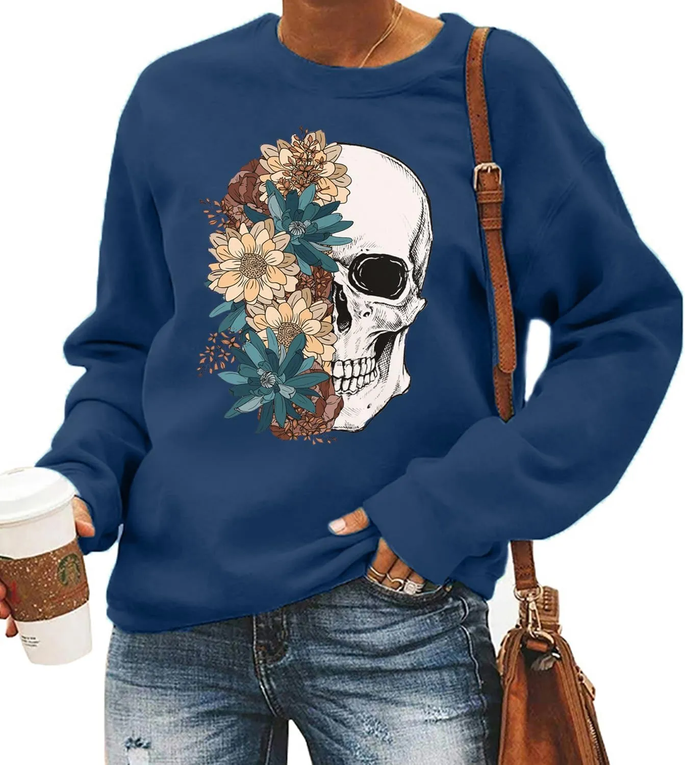 Bloom Skull Sweatshirt for Women Boho Floral Skull Graphic Tshirt Fall Long Sleeve Crewneck Pullover Tops