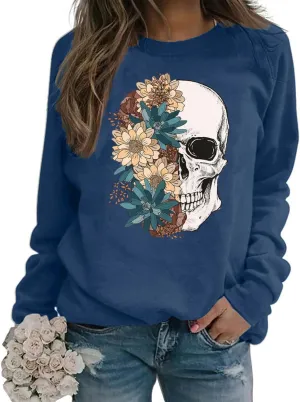 Bloom Skull Sweatshirt for Women Boho Floral Skull Graphic Tshirt Fall Long Sleeve Crewneck Pullover Tops