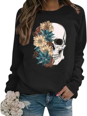 Bloom Skull Sweatshirt for Women Boho Floral Skull Graphic Tshirt Fall Long Sleeve Crewneck Pullover Tops