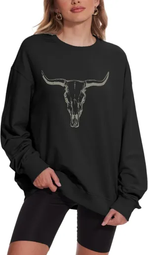 Boho Cow Skull Sweatshirt for Women Cattle Skull Graphic Pullover Oversized Western Country Music Long Sleeve Tops