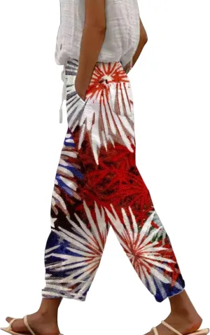 Boho Linen Pants for Women 2025 Sleeve Independence Day American Flag Print Family Print Pants Capri Pants 2025