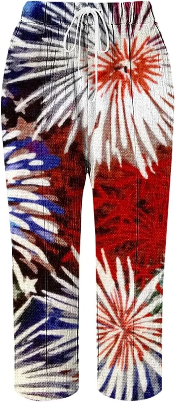 Boho Linen Pants for Women 2025 Sleeve Independence Day American Flag Print Family Print Pants Capri Pants 2025