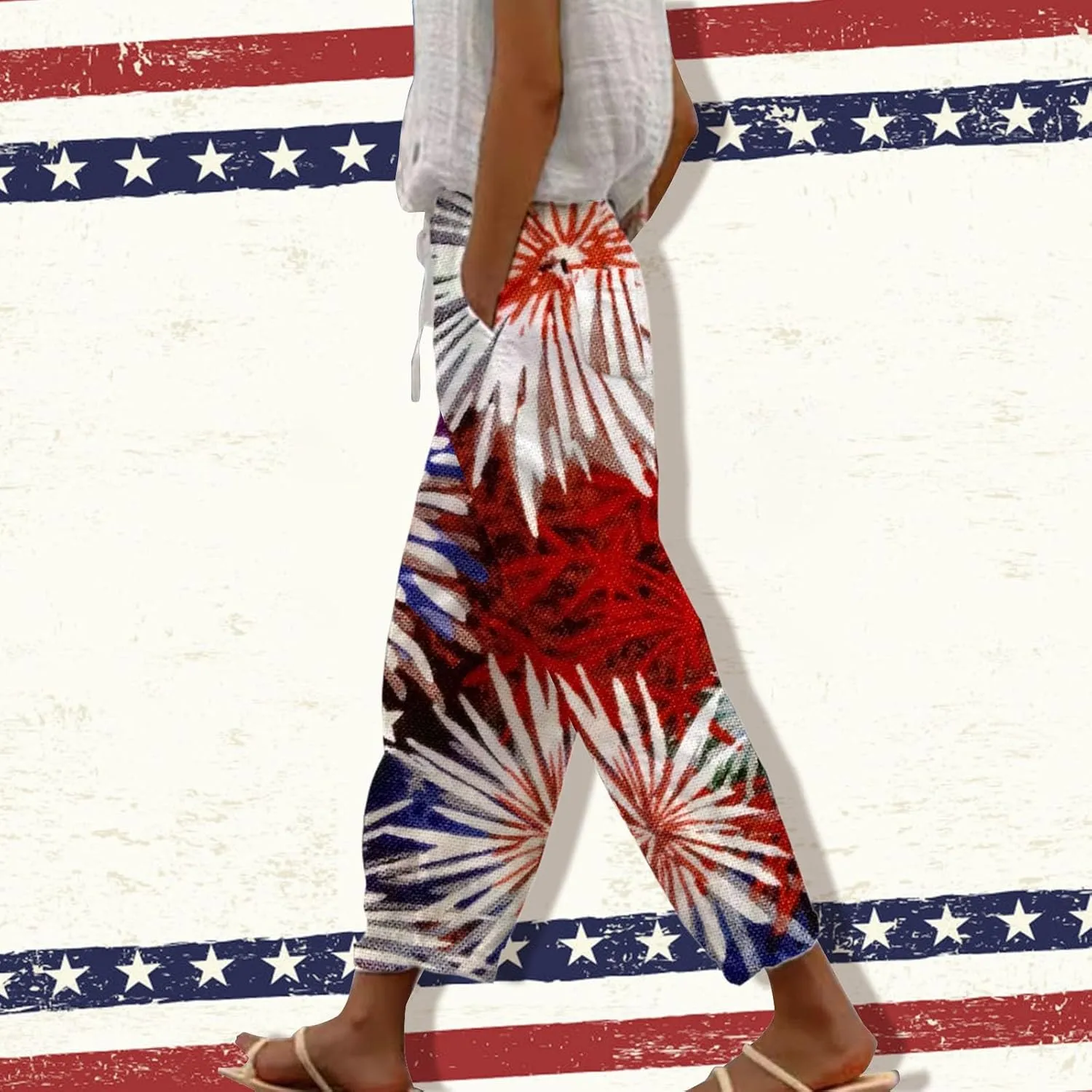 Boho Linen Pants for Women 2025 Sleeve Independence Day American Flag Print Family Print Pants Capri Pants 2025