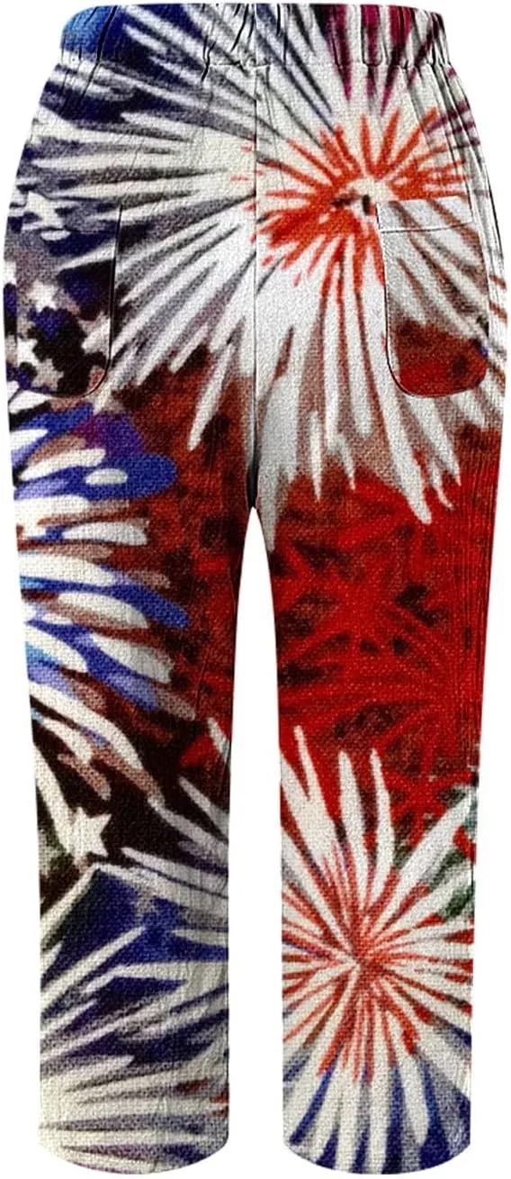 Boho Linen Pants for Women 2025 Sleeve Independence Day American Flag Print Family Print Pants Capri Pants 2025