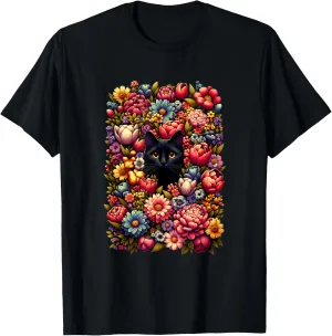 Botanical Boho Cute Black Cat Hiding in Spring Flowers T-Shirt