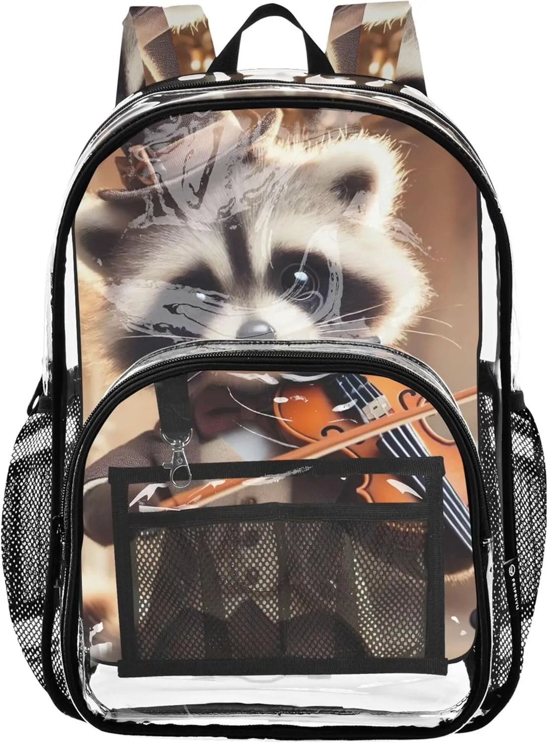 Boys Backpacks for Girls Funny Victorian Raccoon Violin Clear Backpack Women Cute Plastic Transparent Bookbag