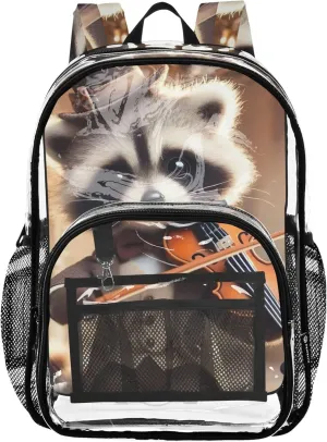 Boys Backpacks for Girls Funny Victorian Raccoon Violin Clear Backpack Women Cute Plastic Transparent Bookbag