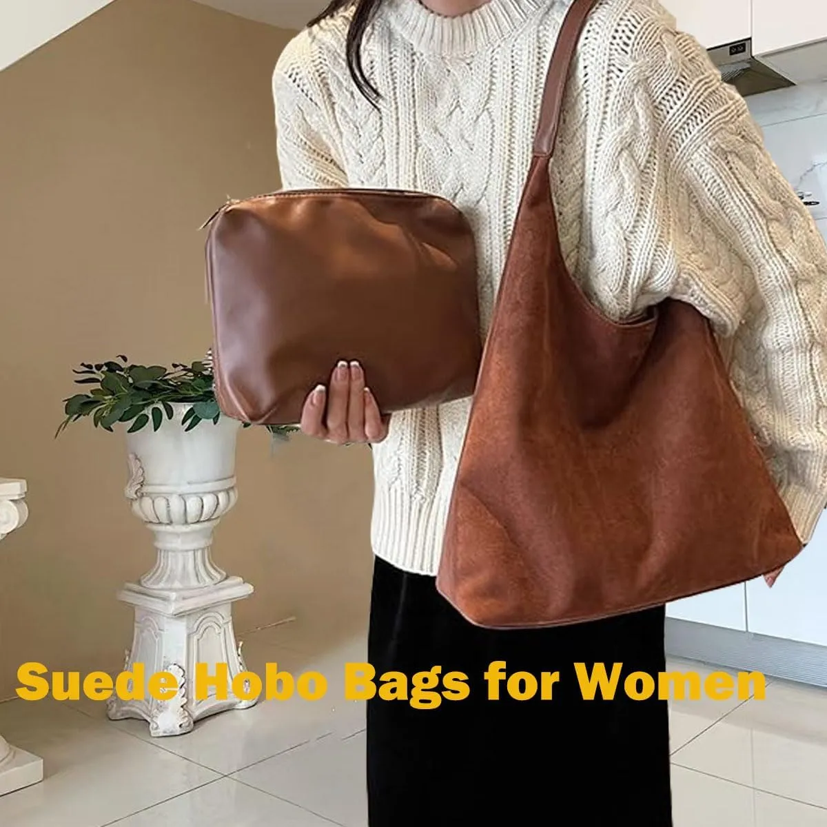 Brown Suede Bag Suede Shoulder Bag Suede Handbags Suede Hobo Bags for Women-Leather Suede Slouchy Tote Bag