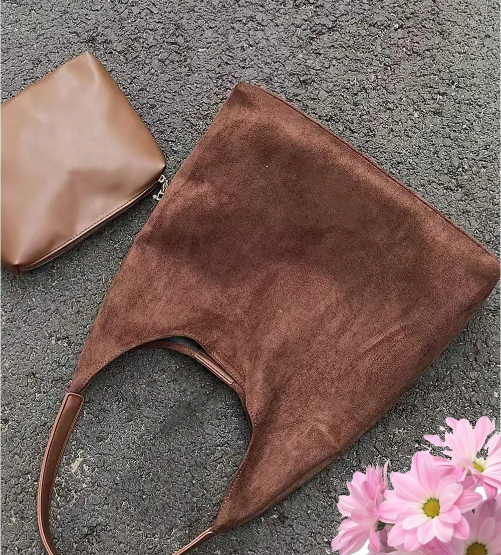 Brown Suede Bag Suede Shoulder Bag Suede Handbags Suede Hobo Bags for Women-Leather Suede Slouchy Tote Bag