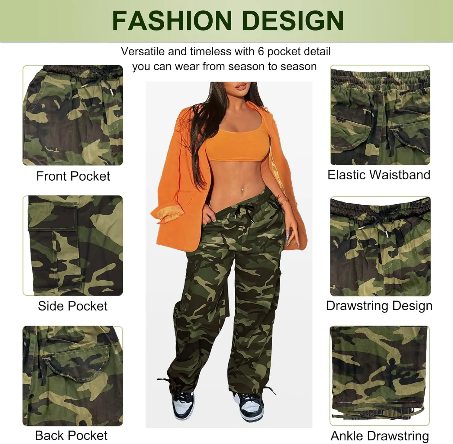 Camo Cargo Pants for Women,Womens Drawstring Elastic Waist Cargo Pants with Pocket,Baggy Camouflage Pants for Women