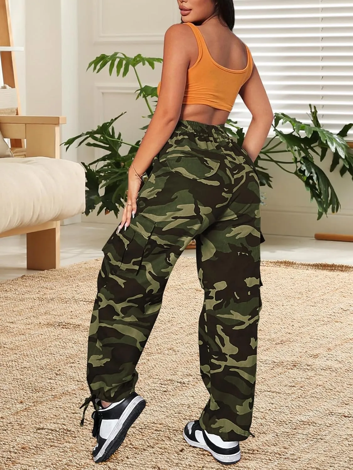 Camo Cargo Pants for Women,Womens Drawstring Elastic Waist Cargo Pants with Pocket,Baggy Camouflage Pants for Women
