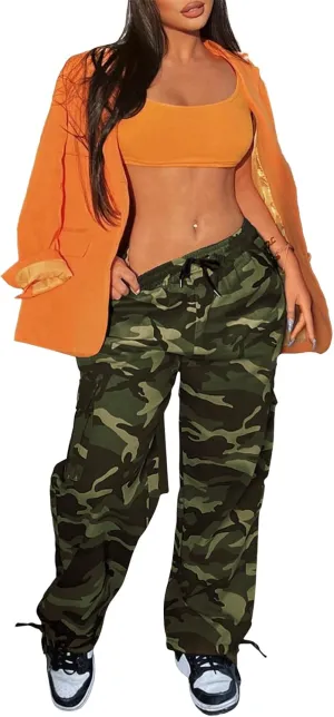 Camo Cargo Pants for Women,Womens Drawstring Elastic Waist Cargo Pants with Pocket,Baggy Camouflage Pants for Women
