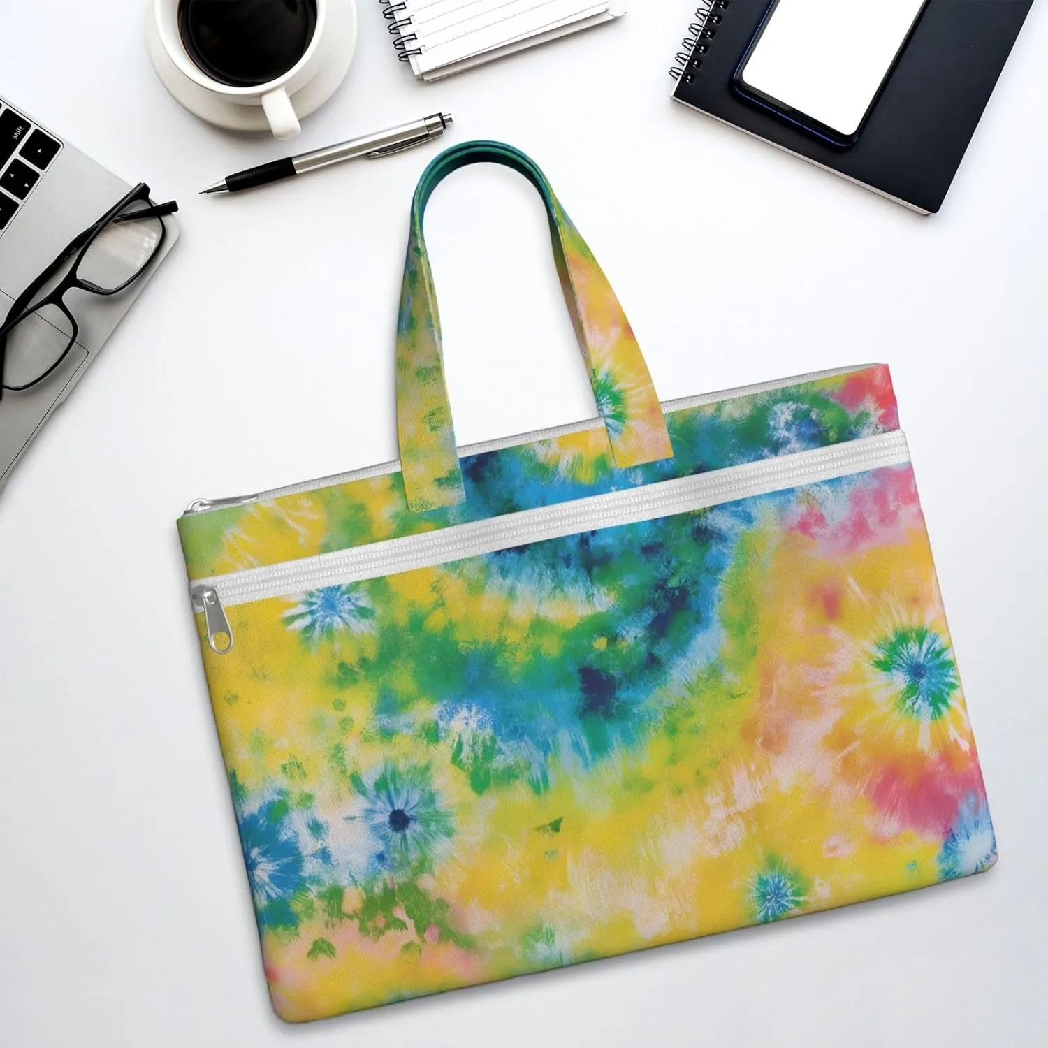 Canvas File Bag with Handle, Zippered Waterproof Document Briefcase Compatible with Colorful Rainbow Tie Dye for Business Travel Storage, 15x10.288 Inches