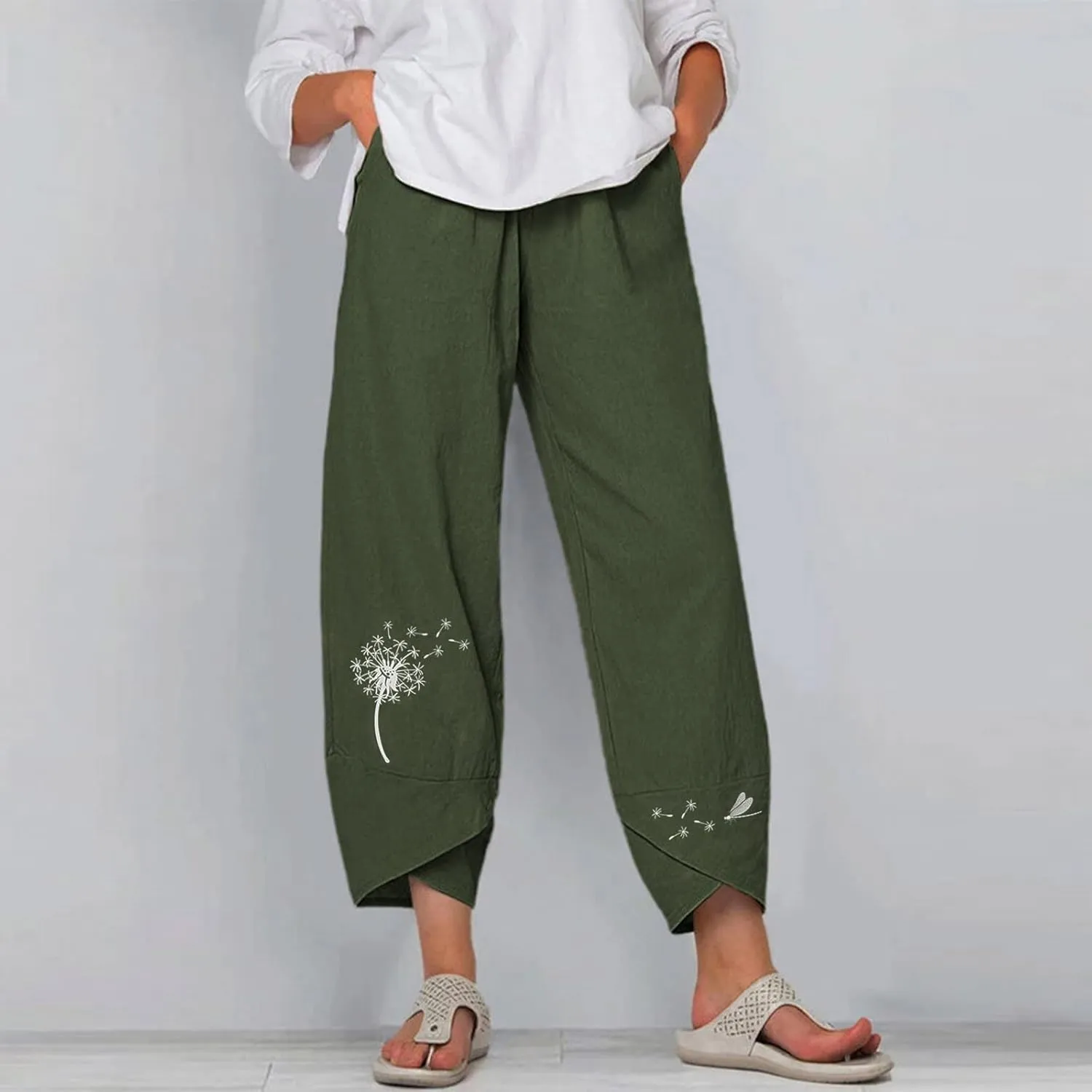 Capri Pants for Women 2025 Summer Cotton Linen Dandelion Cropped Pants High Waisted Baggy Beach Trousers with Pockets