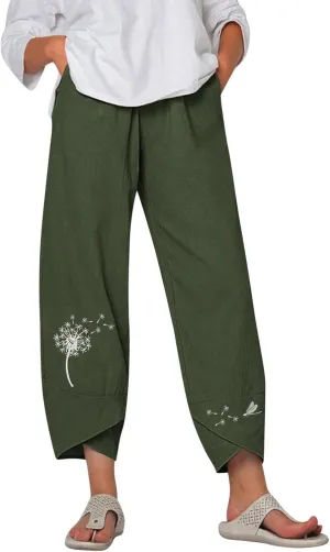 Capri Pants for Women 2025 Summer Cotton Linen Dandelion Cropped Pants High Waisted Baggy Beach Trousers with Pockets