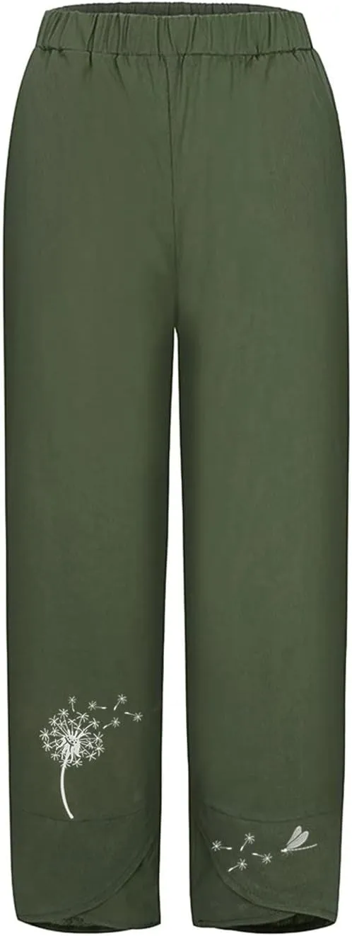 Capri Pants for Women 2025 Summer Cotton Linen Dandelion Cropped Pants High Waisted Baggy Beach Trousers with Pockets