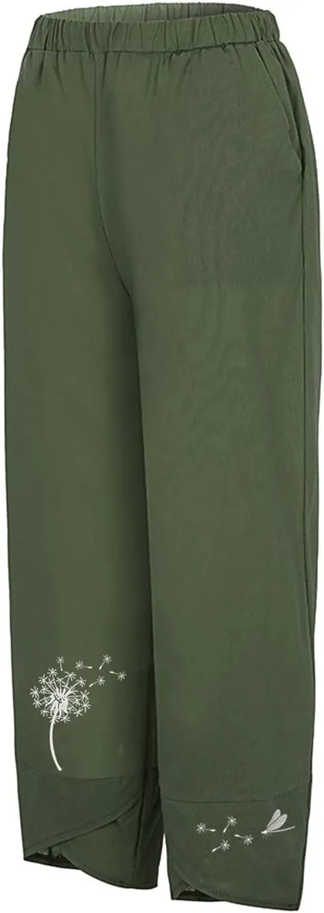 Capri Pants for Women 2025 Summer Cotton Linen Dandelion Cropped Pants High Waisted Baggy Beach Trousers with Pockets