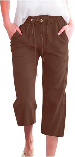 Capri Pants for Women Cotton Linen Summer Pants Elastic Waist Drawstring Wide Leg Capris Beach Travel Vacation Outfits