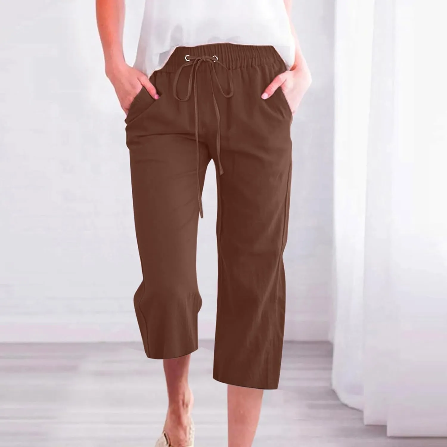Capri Pants for Women Cotton Linen Summer Pants Elastic Waist Drawstring Wide Leg Capris Beach Travel Vacation Outfits