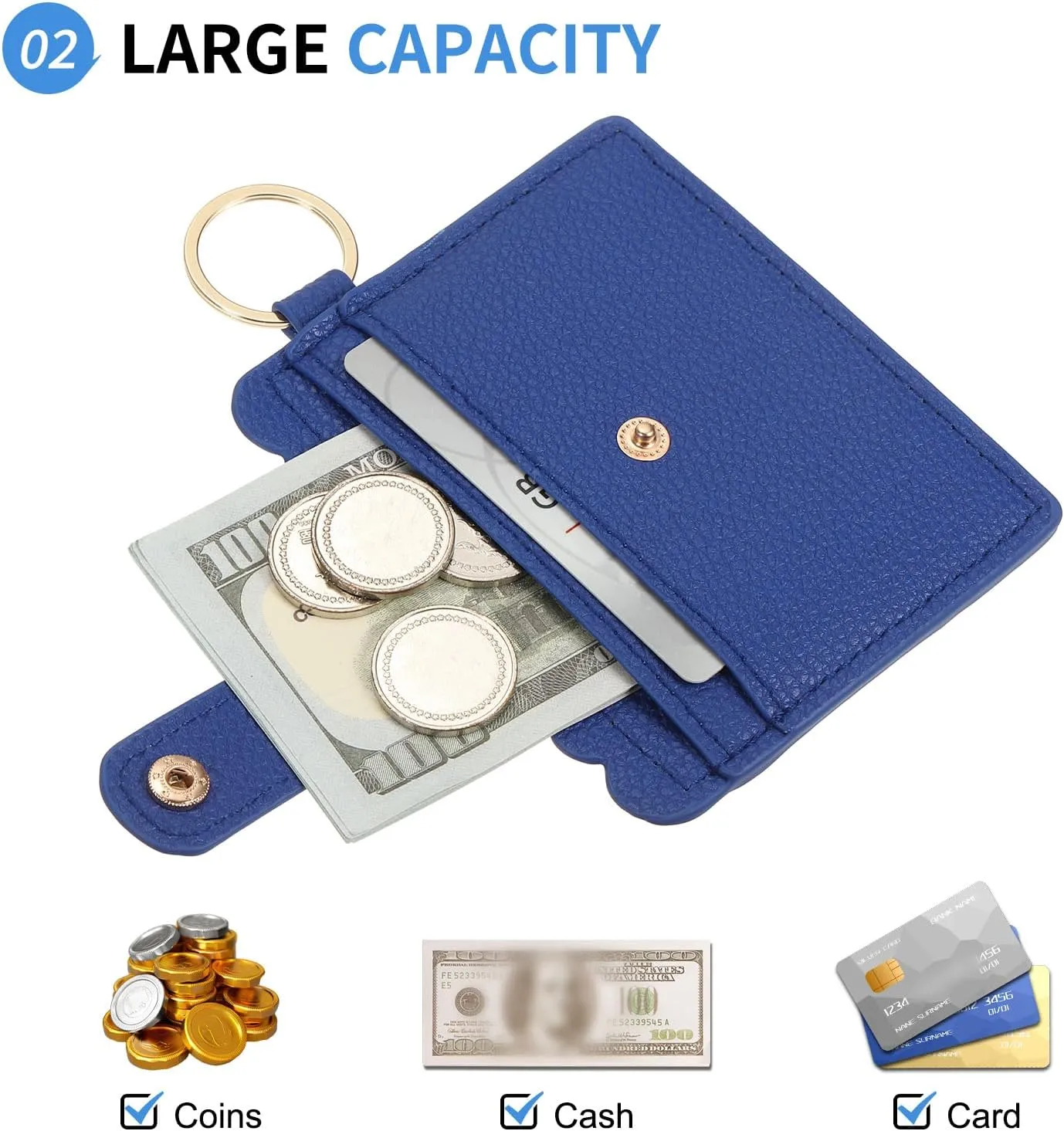 Card Holder Wallet with Keychain Wristlet, Slim PU Leather Wallet for Women, Compact and Lightweight Design for Daily Use, Blue