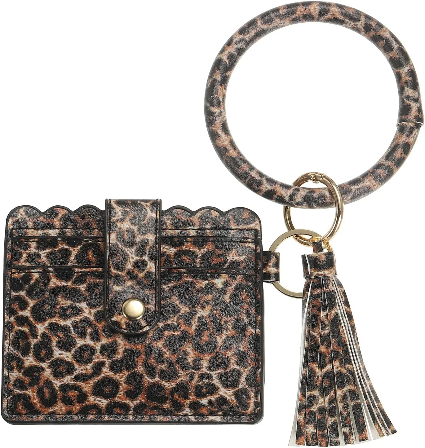 Card Holder Wallet with Keychain Wristlet, Slim PU Leather Wallet for Women, Compact and Lightweight Design for Daily Use, Red-Brown Leopard