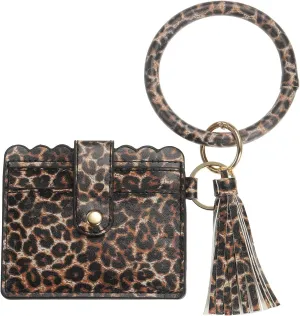 Card Holder Wallet with Keychain Wristlet, Slim PU Leather Wallet for Women, Compact and Lightweight Design for Daily Use, Red-Brown Leopard