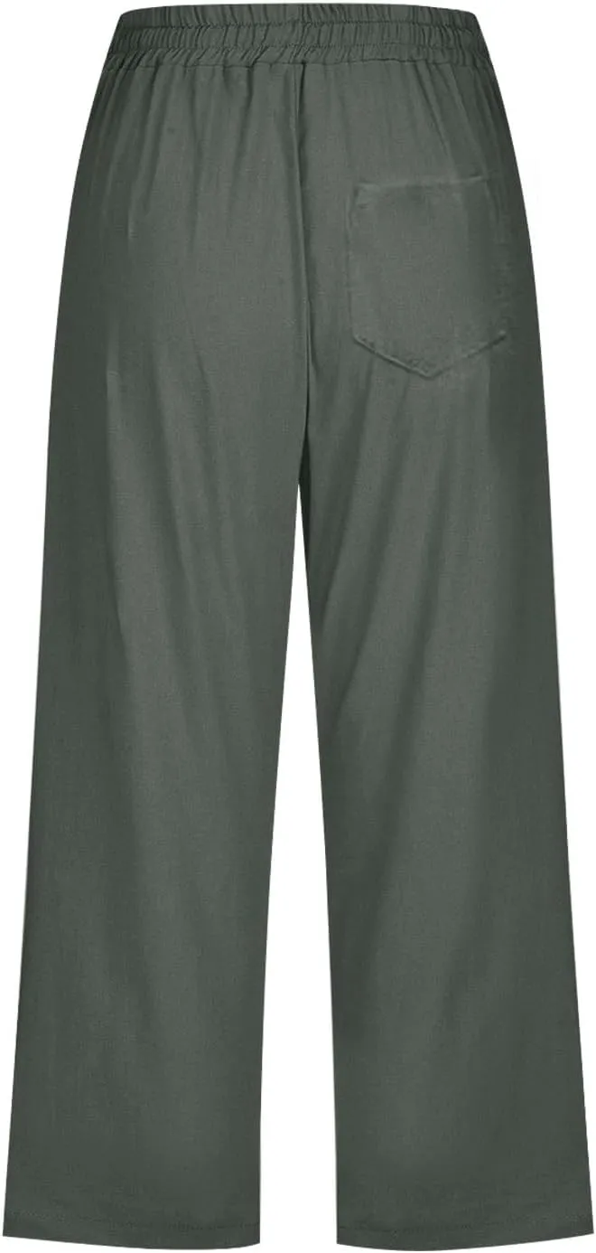 Cargo Capris for Women Casual 2025 Summer Drawstring Elastic High Waist Linen Pant Cropped Comfy Trousers