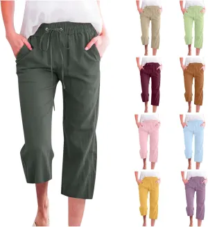 Cargo Capris for Women Casual 2025 Summer Drawstring Elastic High Waist Linen Pant Cropped Comfy Trousers