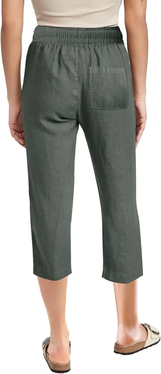 Cargo Capris for Women Casual 2025 Summer Drawstring Elastic High Waist Linen Pant Cropped Comfy Trousers