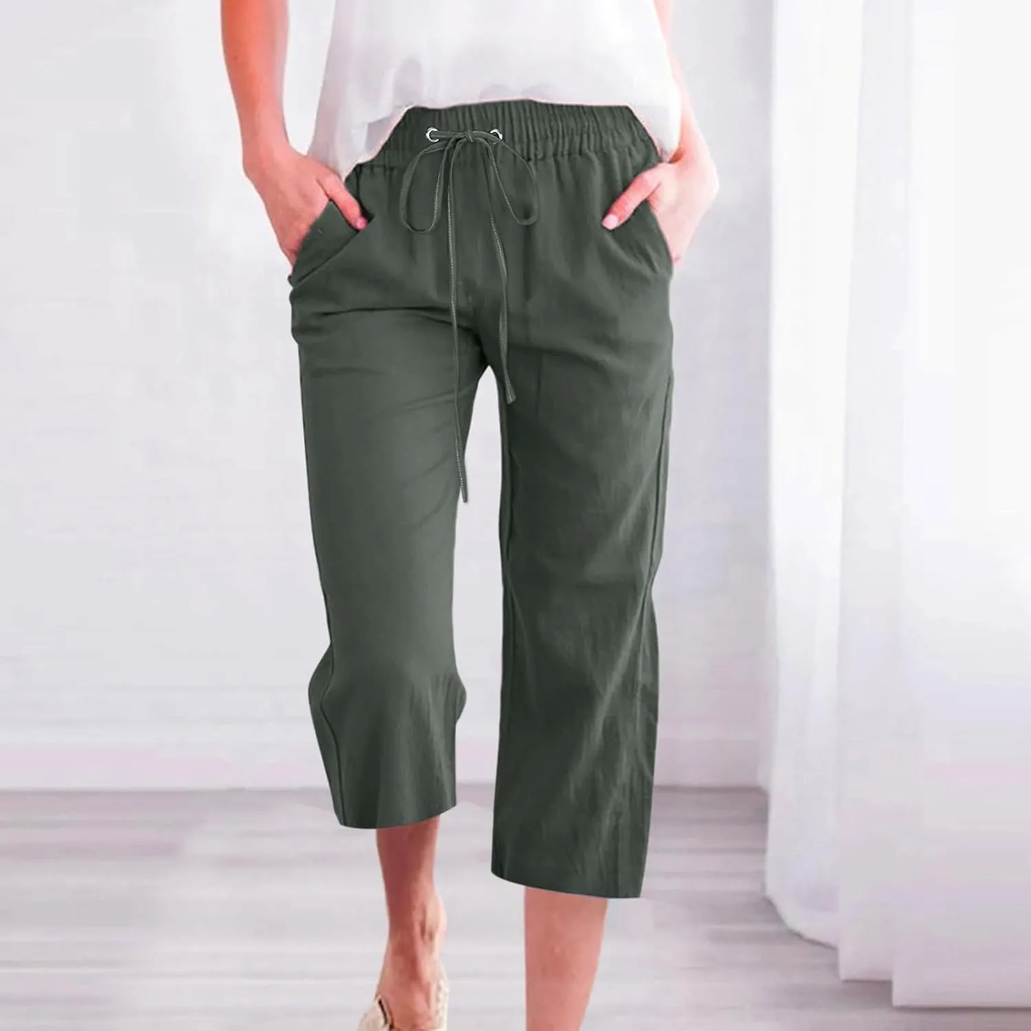 Cargo Capris for Women Casual 2025 Summer Drawstring Elastic High Waist Linen Pant Cropped Comfy Trousers