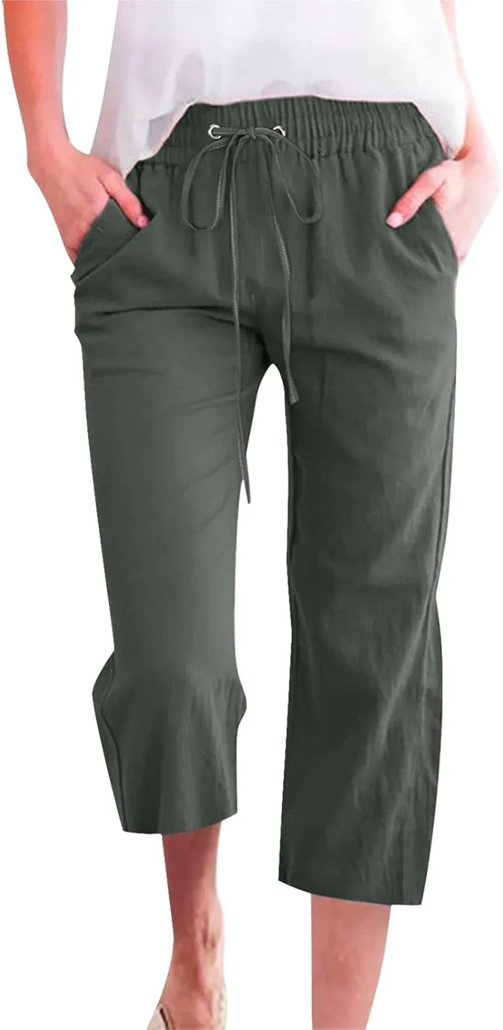 Cargo Capris for Women Casual 2025 Summer Drawstring Elastic High Waist Linen Pant Cropped Comfy Trousers